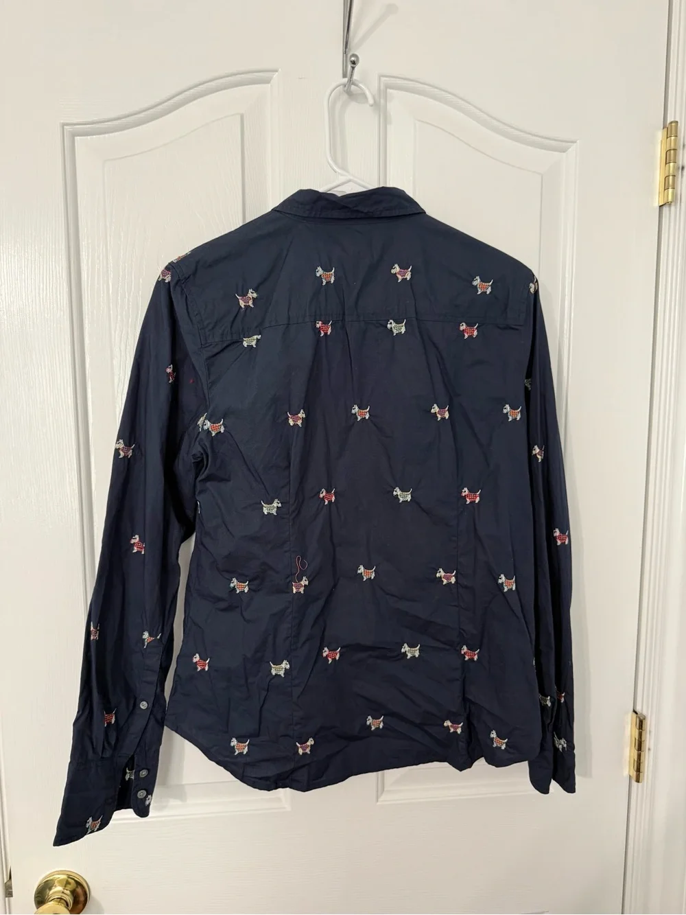 JCrew Navy Embroidered Dog-Pattern Button-Up Shirt Jacket size 12 slim